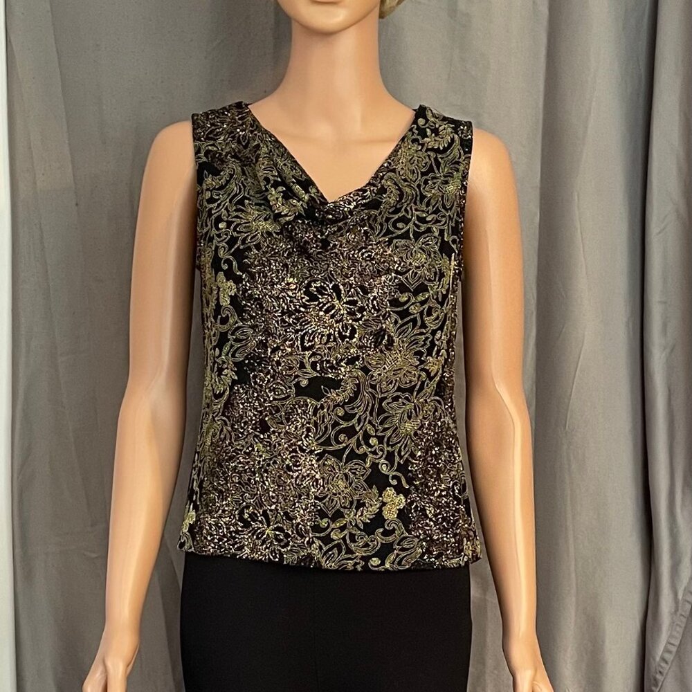 Drape-Front Black & Gold Sleeveless Top